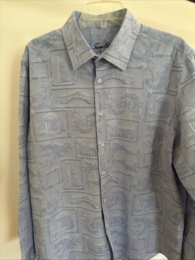 Men's Tasso Elba XL Long Sleeve Button Down Roman Landmarks Jacquard Shirt Blue